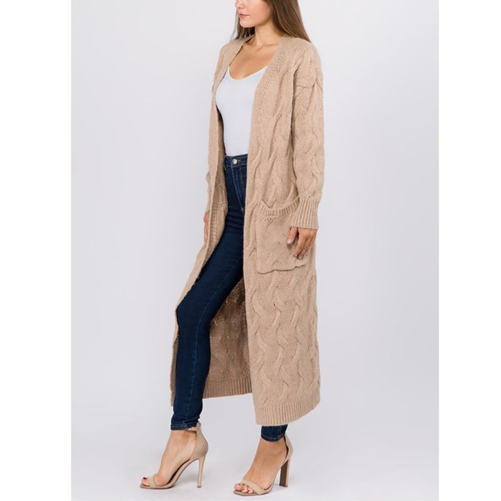 Boho Khaki Beige Chunky Cable Knit Long Cardigan Sweater Duster Coat - Picture 3 of 6